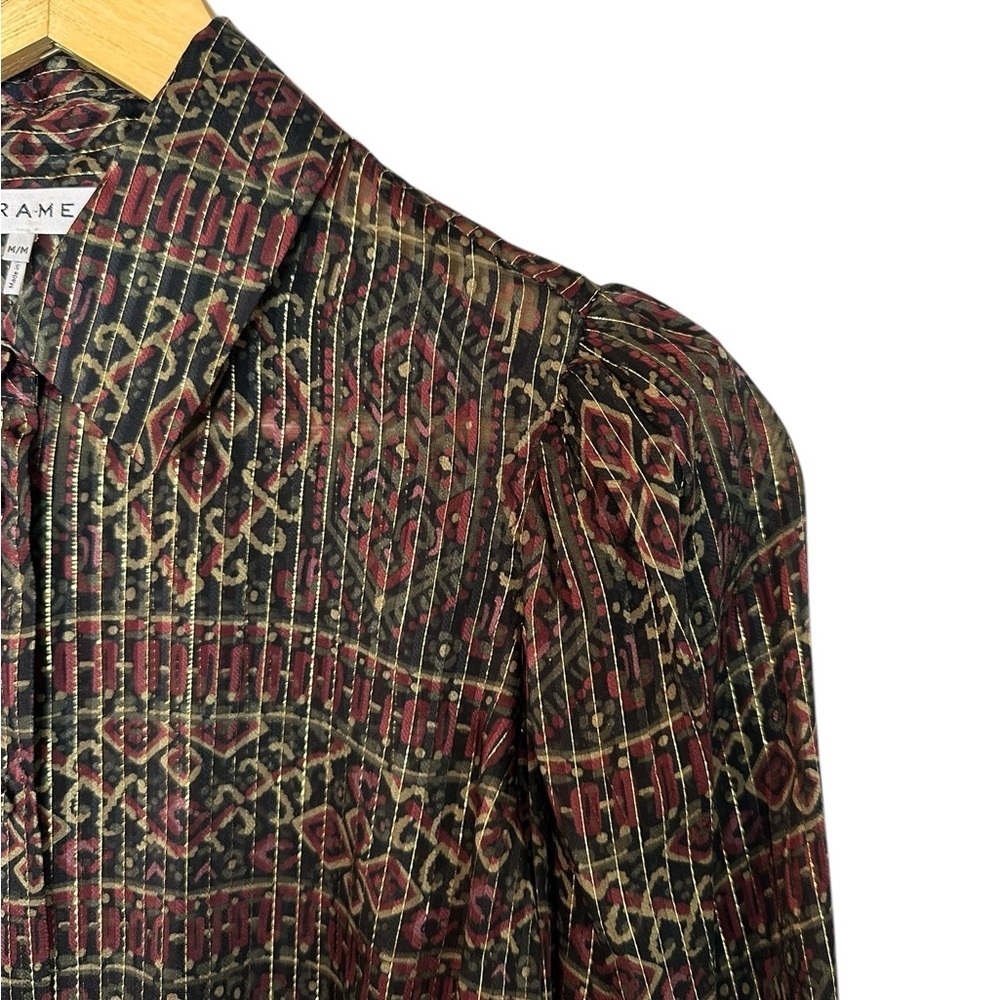 New! Frame Silk Button Up In Deep Moss Multi Top … - image 5